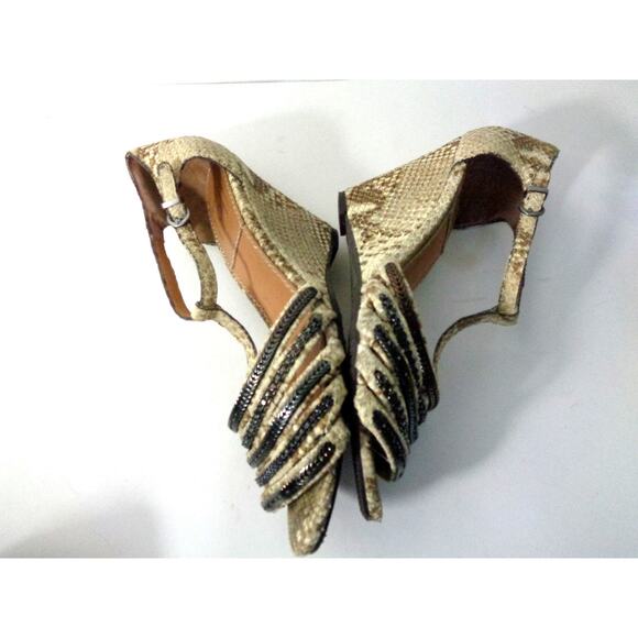 BACIO 61 Cadorago 7.5M Tan Taupe Snake Leather Bronze Chain Wedge Sandals Shoes - Picture 5 of 8